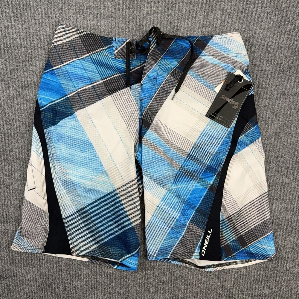 O'Neill Swim Trunks Mens 33 Blue Plaid Superfreak Board Shorts Surf Stretch